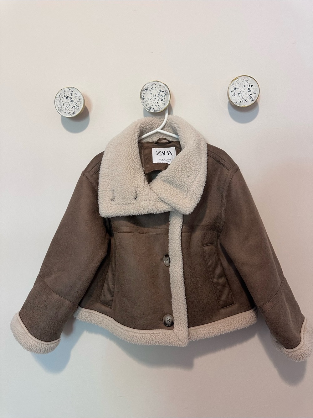 ZARA Brown Jacket with Cream Shearling Collar